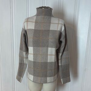 RACHEL ZOE Plaid Funnel Neck Sweater in Taupe Sand and Cream | Size M